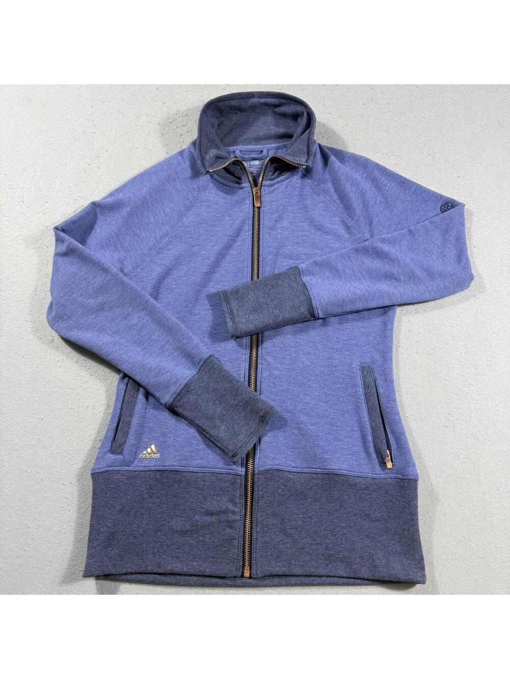 Adidas Golf‎ Full Zip Jacket Blue Heather Womens Small Stretch Soft Gold Logo